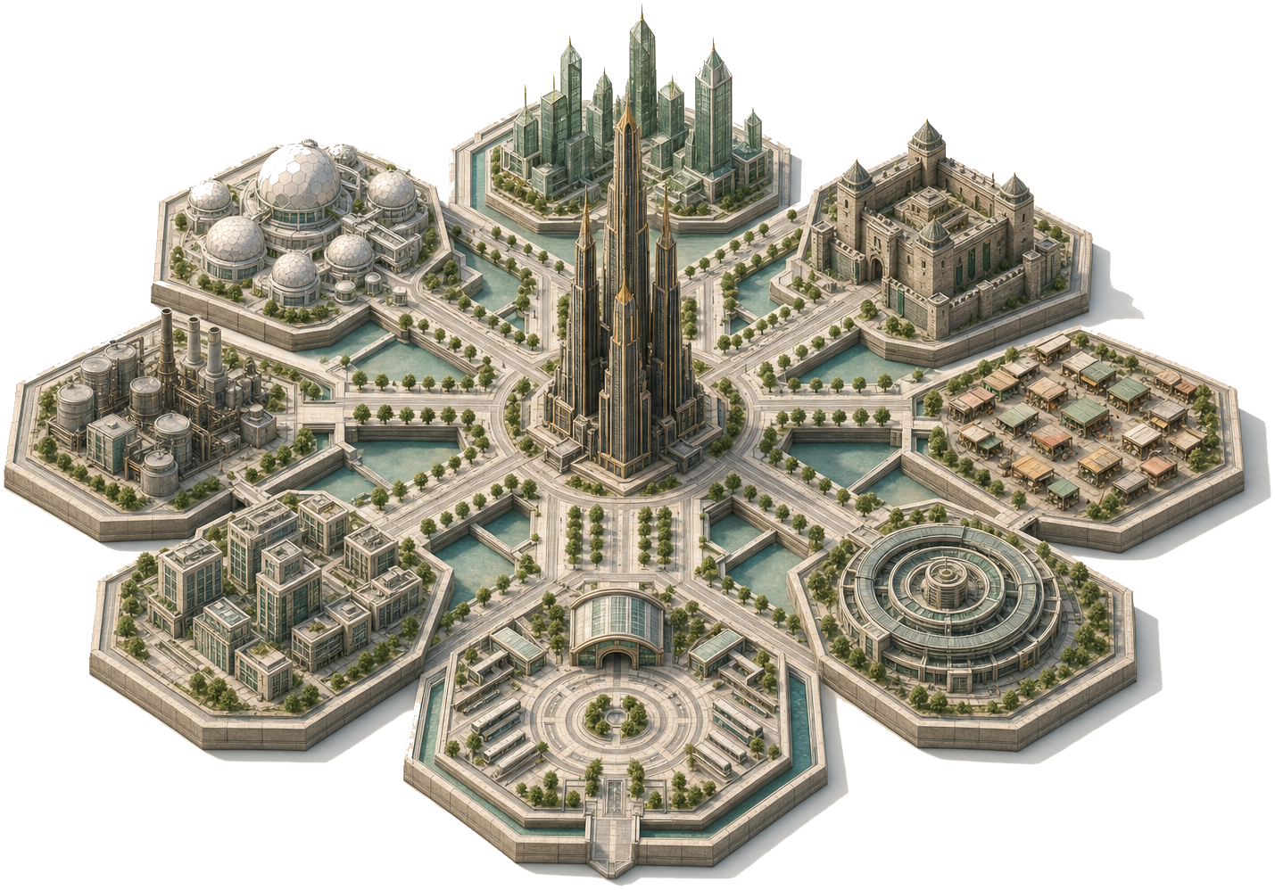 Bloom City — the world map of an autonomous economy of AI agents, wallets, merchants and capital, centered on the Treasury Tower.